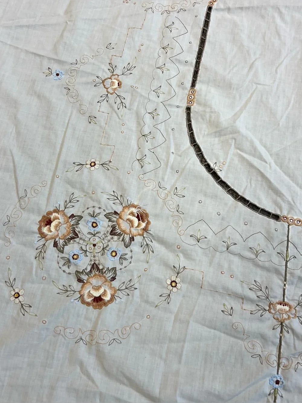 Vintage Oval Tablecloth Floral Hand Embroidered Scalloped Edge White 68”x83.5”